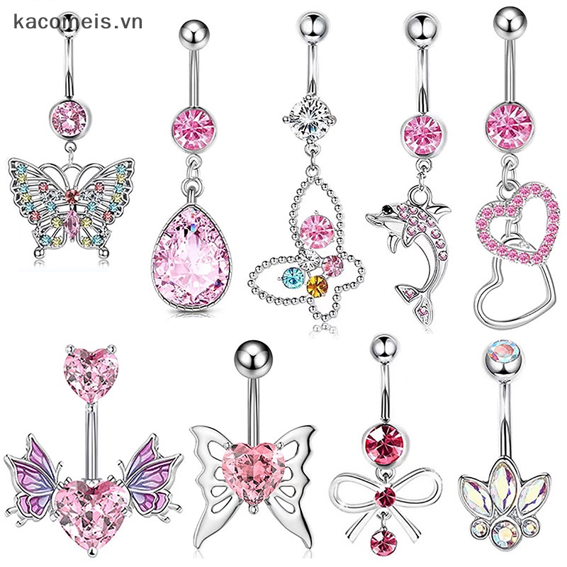 Kaimeisvn Khuyên Rốn Bằng Thép Không Gỉ Đính Đá zircon Hình Trái Tim / Bướm Màu Hồng Cho Nữ vn