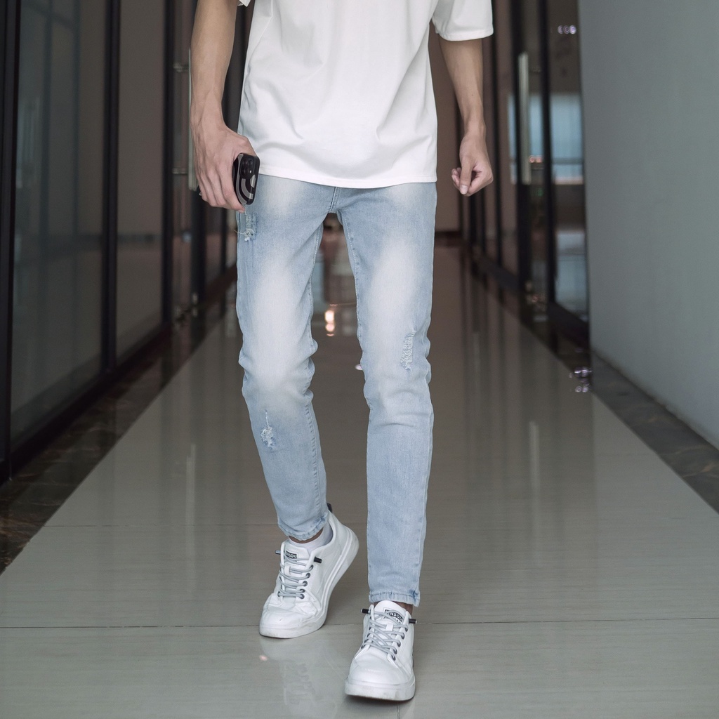 Quần jean nam xước mài màu xanh ghi nhạt co giãn 4 chiều cao cấp chất bò denim dáng ôm slimfit skinny 0001 Pon.mens