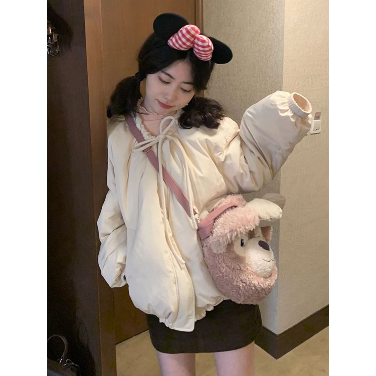 Áo Khoác Đệm cotton Dày Dáng Rộng Cổ Tròn Thắt Nơ Ngọt Ngào Cao Cấp Mùa Thu Hàn Quốc Cho Nữ