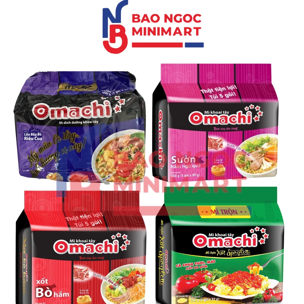 Bịch 5 Gói Mì Tôm Omachi Xốt Bò Hầm, Sườn Hầm, Spaghetti, Tôm chua cay 80g