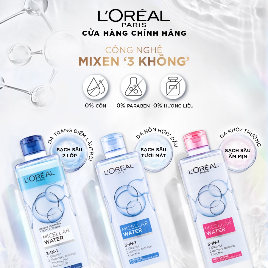 Nước tẩy trang làm sạch sâu, dưỡng ẩm cho mọi loại da L'Oreal Paris Micellar Water 400ml