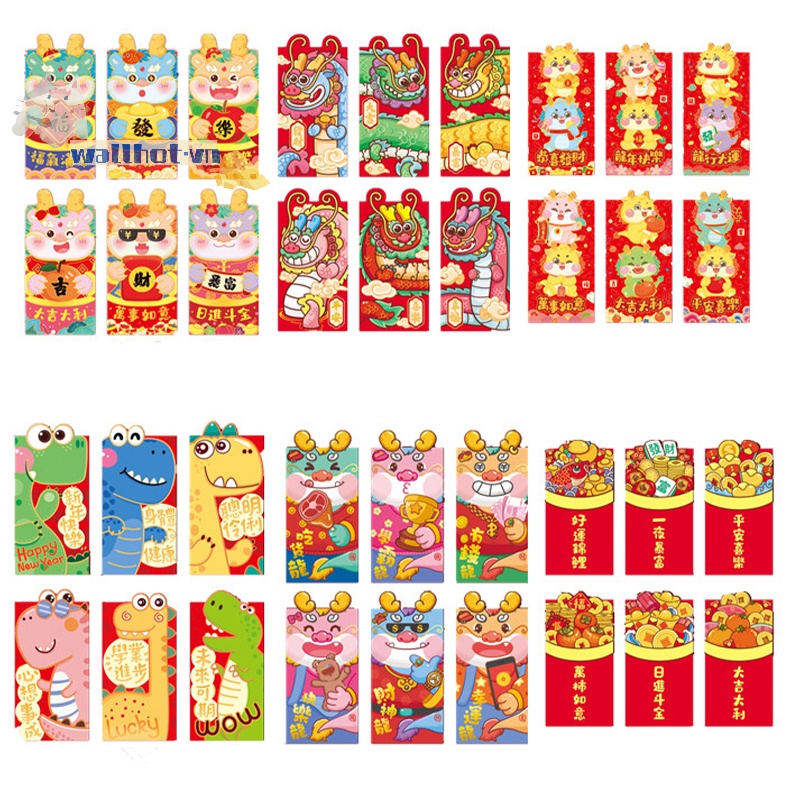 Set 6 Bao Lì Xì Hình Rồng Đỏ May Mắn Cho Năm Mới 2024