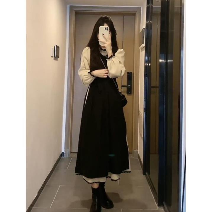 Váy Đầm Tay Trắng Thu Đông Màu Đen Dài Tay Phồng - Váy Thiết Kế Hàng Quảng Châu Cao Cấp V134