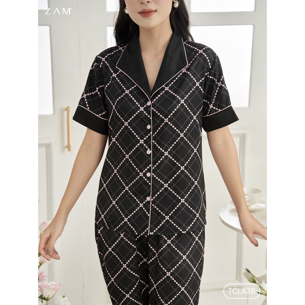 Zam luxury - TCLA3B - Ngắn tay quần dài HOẠ TIẾT THOI ĐEN HỒNG