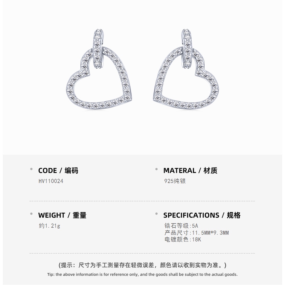 Bông TaiBạc 925 Hình Trái Tim Đính Đá zircon Phong Cách Hàn Quốc Dễ Thương Cho Nữ