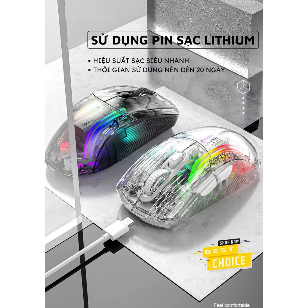 Chuột Máy Tính Pc Laptop Bluetooth Không Dây Trong Suốt Gaming X2 Pro Led RGB Cực Đẹp Chơi Game Cực Đã