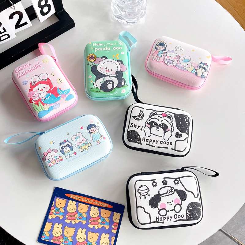 Pu Túi Da Đựng Tiền Xu / Tai Nghe / Dây Cáp Sạc usb Có Khóa Kéo In Họa Tiết Hoạt Hình Dễ Thương