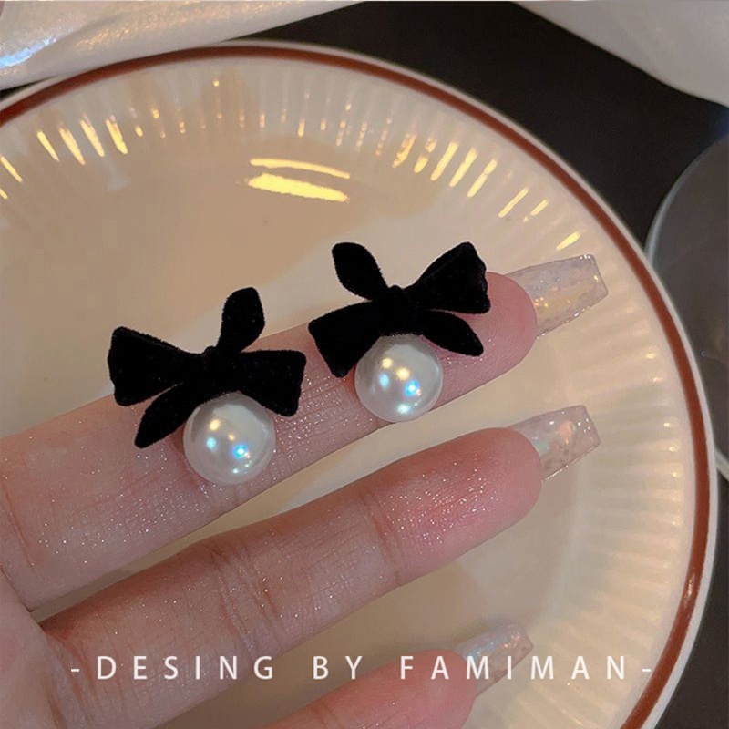 Thời Trang Khuyên Tai Nơ Nhung Đính Hạt Giả Ngọc Trai Phong Cách Hàn Quốc