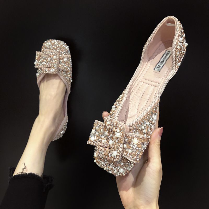 Giày Búp Bê Đế Mềm Mũi Vuông Đính Ngọc Trai Thời Trang Xuân Hè Cho Nữ