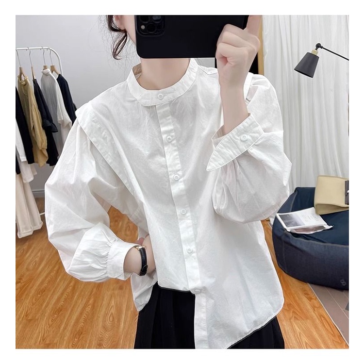 Áo Sơ Mi cotton Cổ Đứng Tay Dài Phồng Dáng Rộng Thời Trang Mùa Thu Hàn Quốc 2023 Dành Cho Bạn Nữ