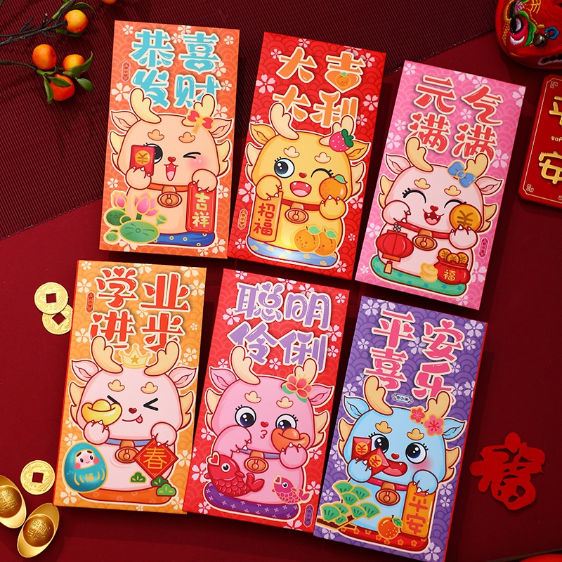 Set 6 Bao Lì Xì Năm Mới 2024 Họa Tiết Hoạt Hình Xinh Xắn