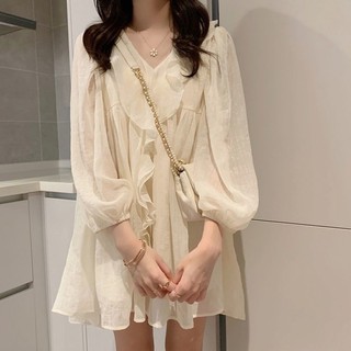 Đầm chiffon Xuân Hè 2023 Dáng Rộng Tay Phồng Màu Trơn Kiểu Thần Tiên Nhỏ Nhắn mm Mỡ / Phổ Biến Dễ Thương / Làm Thủ Công: Nấm smvp