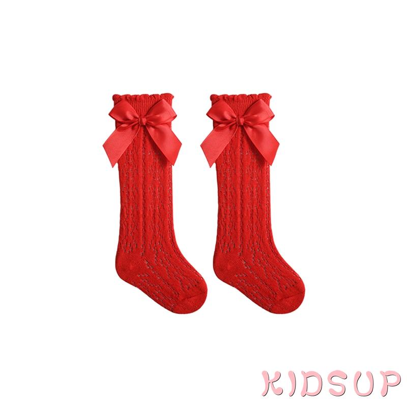 Kidsup1 Vớ Dài Qua Gối Phối Lưới Mỏng Màu Trơn Đính Nơ Kiểu Công Chúa Dễ Thương Cho Bé Gái