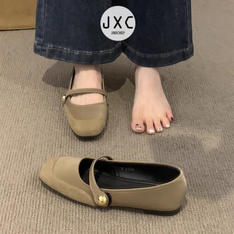 JINxCHOY     Giày Búp Bê Da Lộn Mũi Vuông Đế Thấp Thời Trang retro Cho Nữ