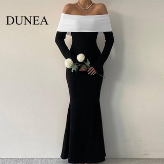 DUNEA Đầm Nữ Dài Tay Trễ Vai Thời Trang Hàn