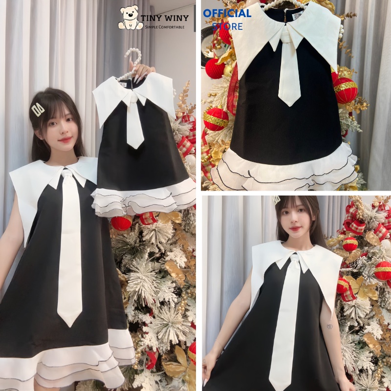 Váy xuông Tiny Winy đầm mẹ và bé cổ phối cà vạt trắng, váy đôi mẹ và bé V261