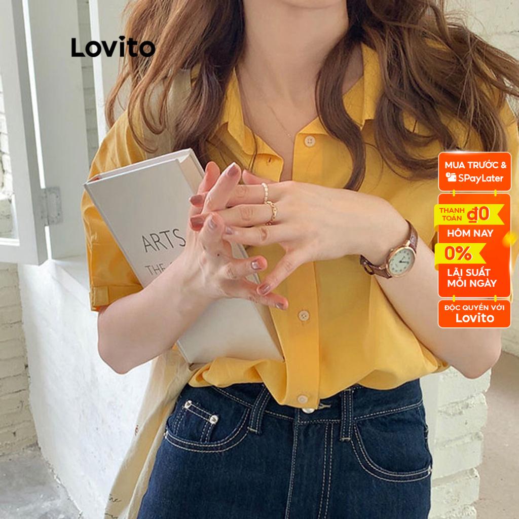Áo Lovito cổ đứng phối cắt xẻ thắt dây màu trơn thường ngày cho nữ LNA04034 (màu vàng)