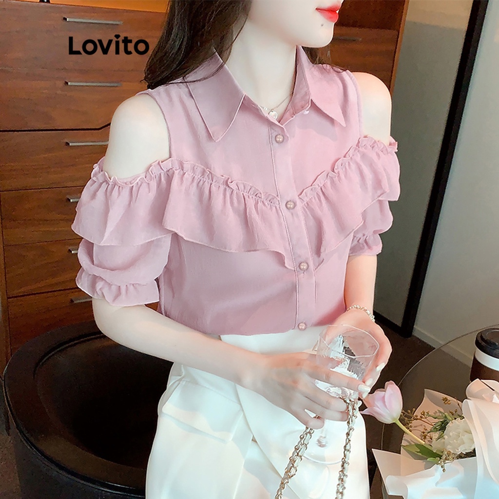 Áo kiểu LOVITO xếp nếp phối nút màu trơn thường ngày cho nữ LNA10169 (Màu hồng)