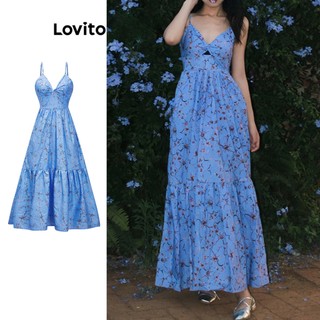 Đầm Lovito xếp tầng thiết kế xoắn hoa nhí thường ngày cho nữ L71ED177 (Màu xanh lam)