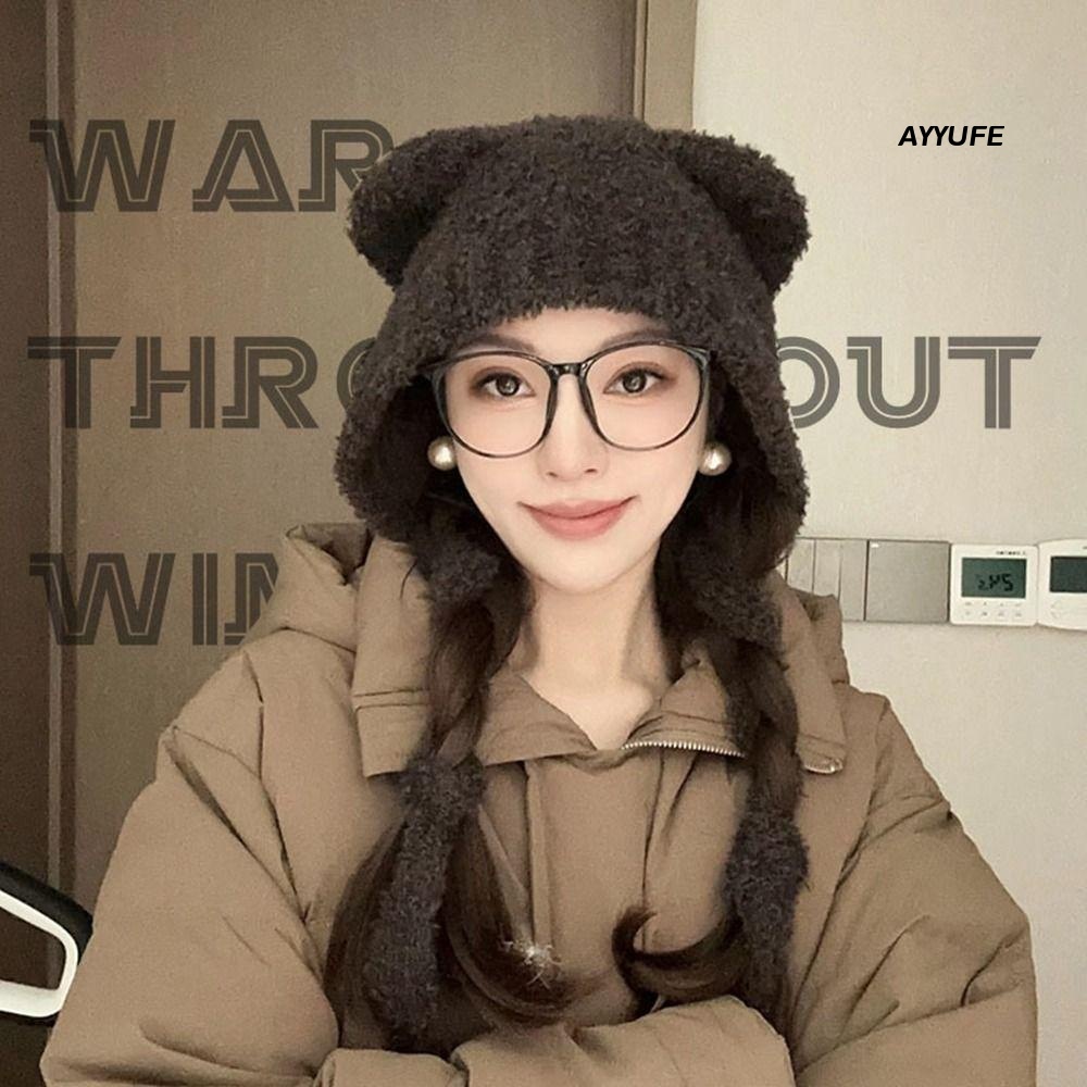 Ayyufe Mũ beanie Len Dệt Kim Trang Trí Tai Mèo Bảo Vệ Tai Đi Kèm Trang Phục Phong Cách Đường Phố