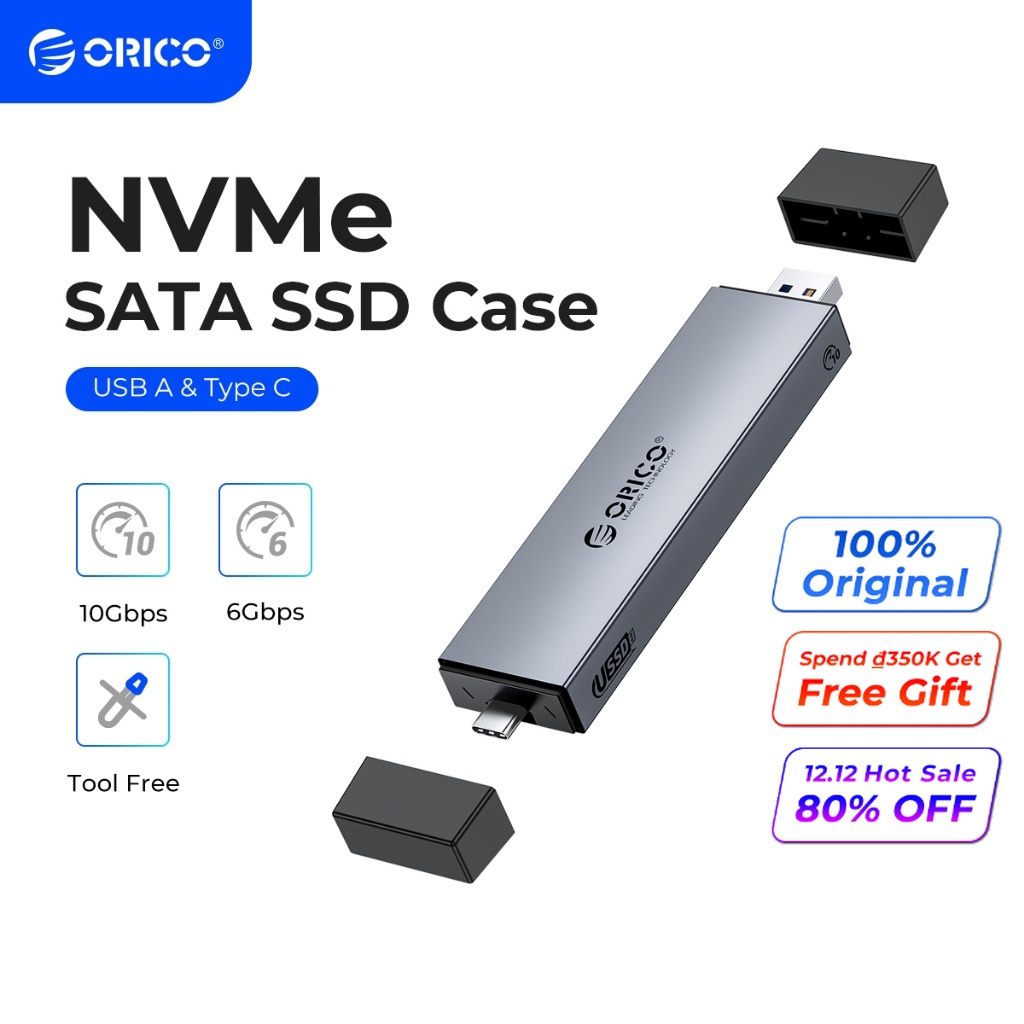 Ổ cứng SSD ORICO M.2 NVMe SSD 2 trong 1 USB A Type-C M.2 SSD hỗ trợ M2 NVMe M Key SATA NGFF M và B Key SSD (M2PJN-C3)