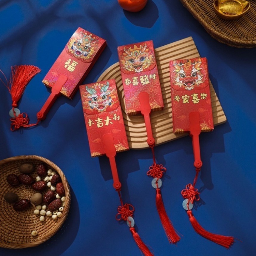 Bao Lì Xì Đỏ Hai Mặt 10 Thẻ angpao Hình Quạt Dày Sáng Tạo Năm Mới 2024
