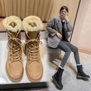 Giày boots martin Cột Dây Chất Liệu Da Lộn Phối Nhung Dày Dặn Có size Lớn 41 plus 43 Dành Cho Nữ Có size 33