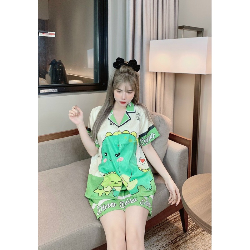 Bộ ngủ lụa xước pijama nữ hình khủng long mặc nhà cute dễ thương Freesize 35-58kg - COMEL