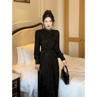 Đầm Đen Cổ Đứng Tay Dài Phong Cách Retro Thời Trang Mùa Thu 2023 Cho Nữ 2023