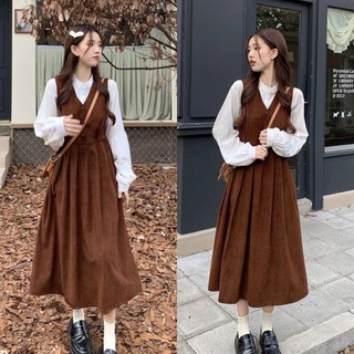 Set Áo Sơ Mi Cổ Đứng + Đầm Hai Dây Ngọt Ngào Phong Cách Tình Yêu Đầu Tiên Cho Nữ Sinh