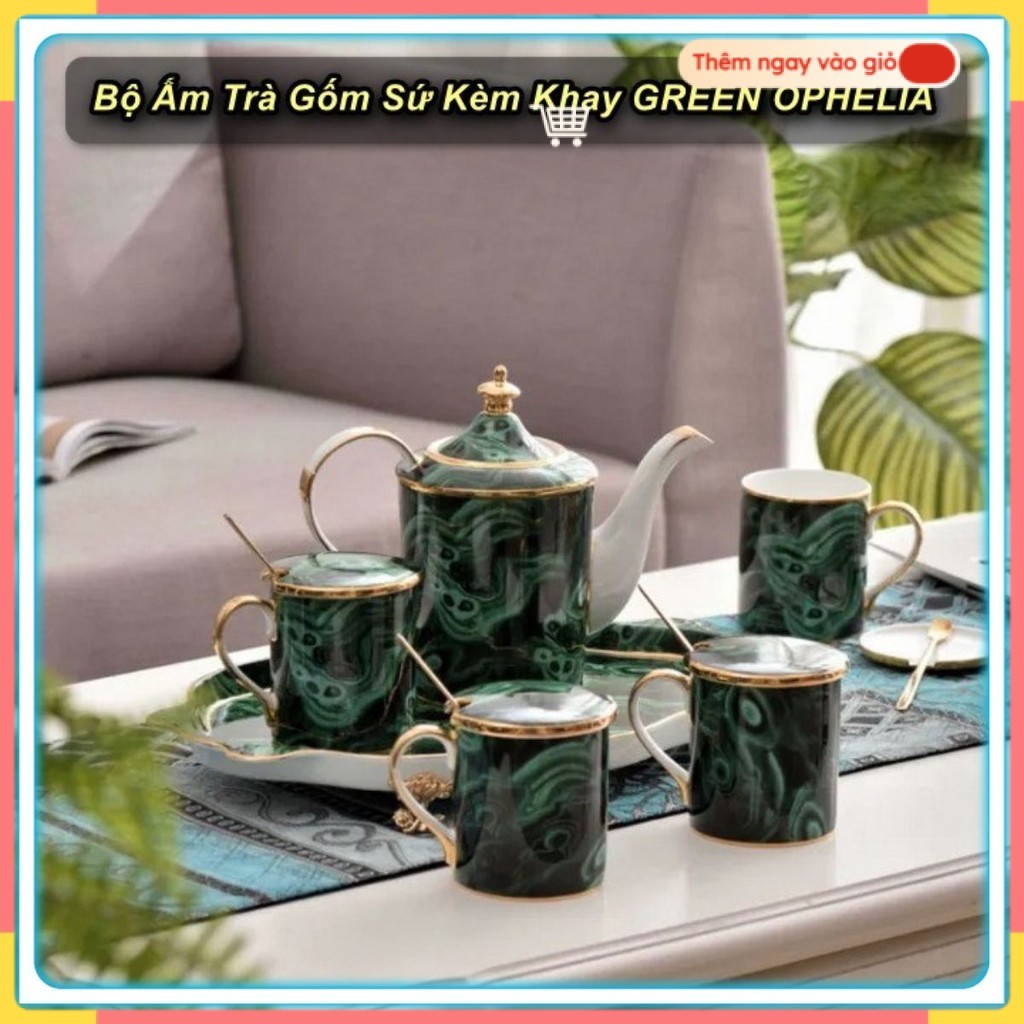 Set Bình Trà Gốm Sứ Kèm Khay GREEN OPHELIA Cao Cấp ☘️Green Home☘️
