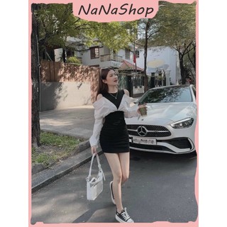 [New Sales 2024] Đầm váy nữ chất thun gân phối sơ mi kiểu lụa rớt vai dáng ngắn, Đầm thun gân rớt vai phối cổ sơ mi