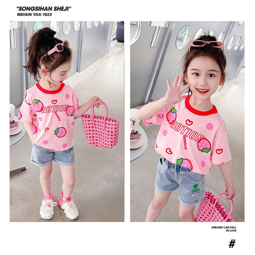 Áo Thun Tay Ngắn In Hình Quả Dâu Dễ Thương Cho Bé Gái Áo thun tay ngắn cho bé gái