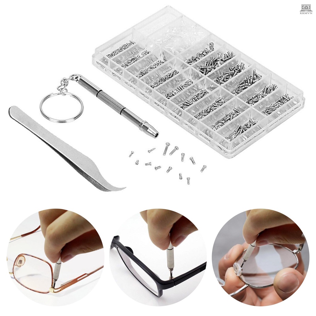 Eyeglasses Repairing Kit Set Assorted Storage Box Design 1000PCS Screws and Pads with Micro Screwdriver for Watch Clock Spectacle Eyewear Repairing Portable