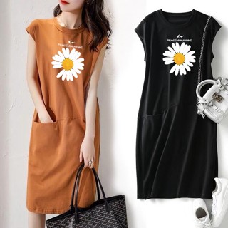 Đầm Sơ Mi Tay Ngắn Dáng Chữ a Phối Túi Họa Tiết Hoa Cúc Phong Cách Hàn Quốc Xinh Xắn Cho Nữ