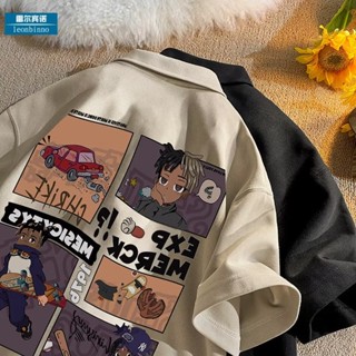 [Plus Size M-5XL] Áo sơ mi Polo hoạt hình Mỹ nam ngắn tay Thời trang mùa hè hạng nặng hợp thời trang phiên bản Hàn Quốc kẻ côn đồ đẹp trai thích hợp áo thun ve áo