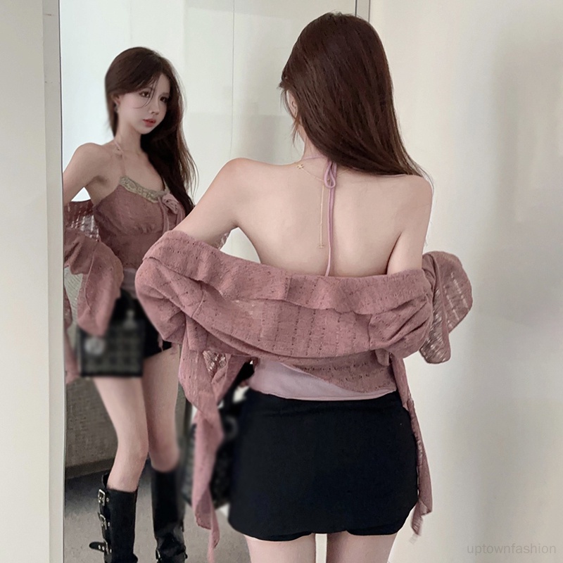 Áo Khoác cardigan Dệt Kim Tay Loe + Áo Hai Dây Ôm Dáng Ngọt Ngào Cho Nữ | BigBuy360 - bigbuy360.vn