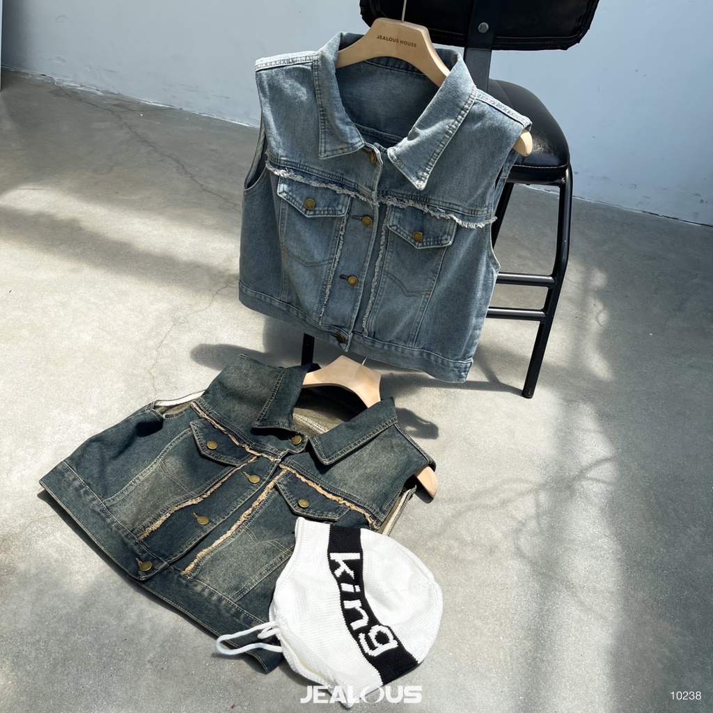 Áo gile denim rua rua ngang độn vai - 10238