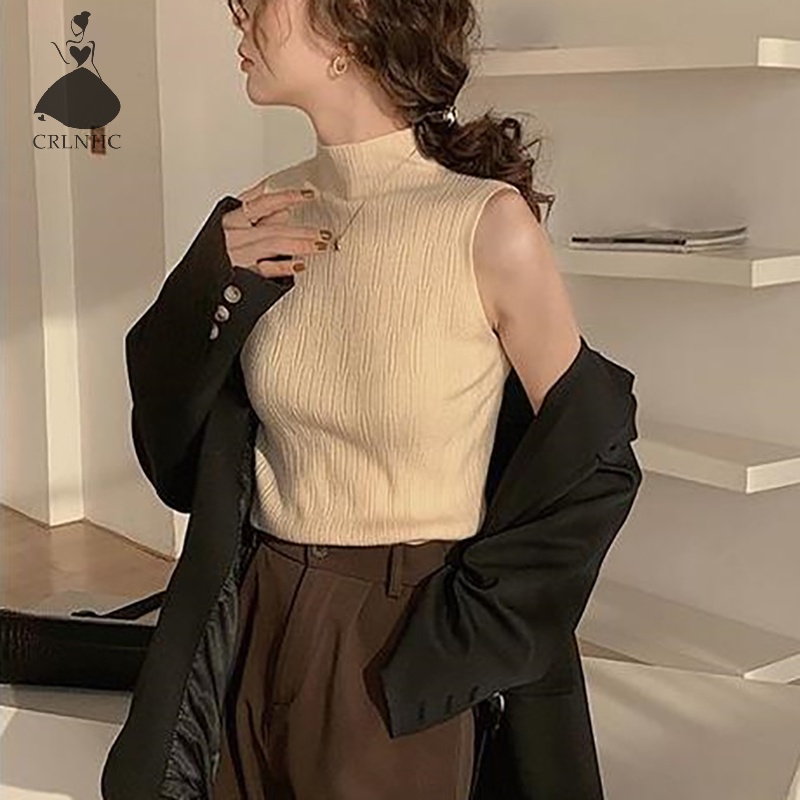 Áo Dệt Kim Sát Nách Cổ Lọ Màu Trơn Thời Trang Mùa Hè Cho Nữ vn