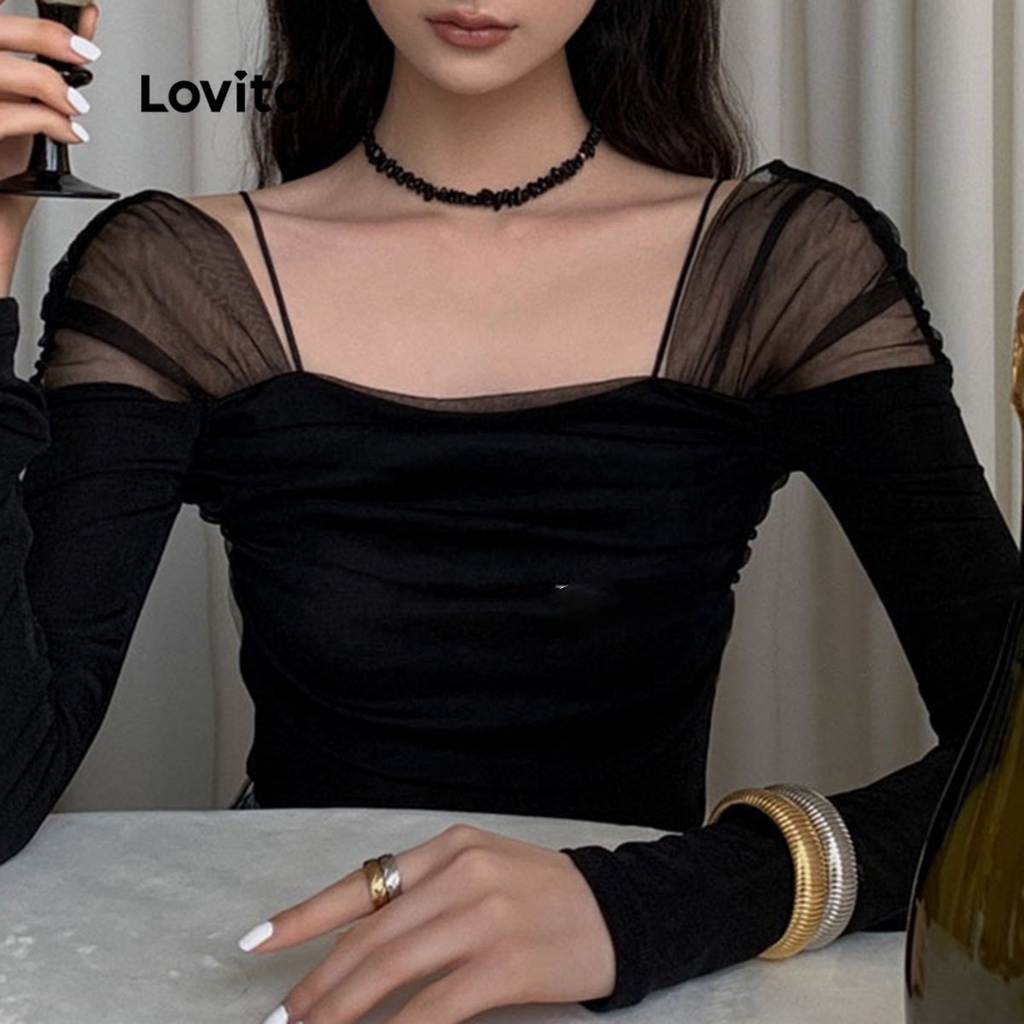 Áo thun Lovito tay dài chắp vá màu trơn thường ngày cho nữ LNA09295 (màu đen)