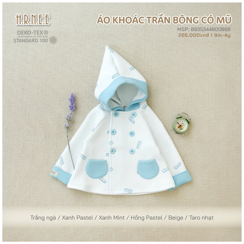 H.R.N.E.E - Áo khoác trần bông có mũ cho bé trai , bé gái