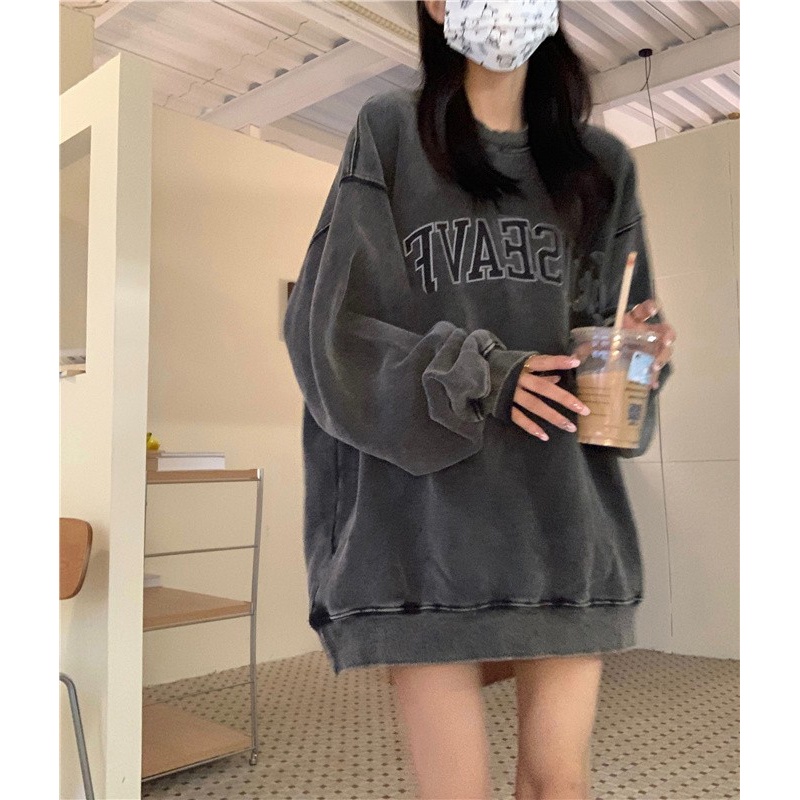 Xiang Nan ni Áo sweatshirt Cổ Tròn In Hoạ Tiết Đơn Giản Cổ Điển Thời Trang Kiểu Mỹ Cho Nữ
