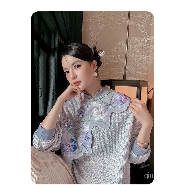 Áo Sweater Sườn Xám Cách Tân Thêu Họa Tiết Phong Cách Trung Hoa Thời Trang Thu Đông Mới Cho Nữ