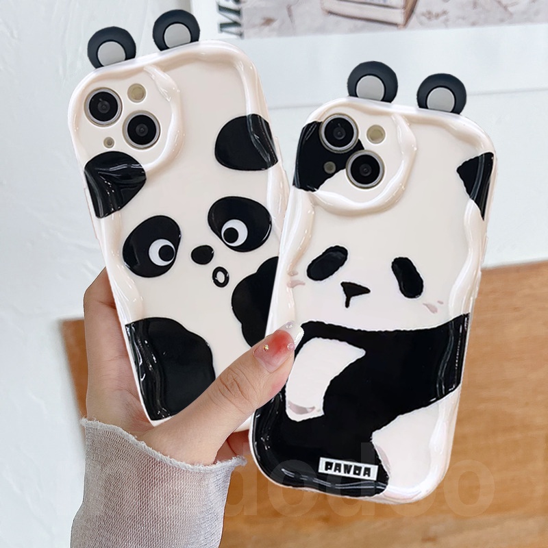 Cute 3D Ear BFF Casing Redmi Note 13 Pro+ 12S 4G 12 Pro Plus 5G 13C 12C A1 A2 11S 11 10C 10 9T 9C 9A POCO X5 Black White simple Cartoon Panda Wavy Cream Edge Full Fine Hole Anti-fall Soft Phone Case NY 54