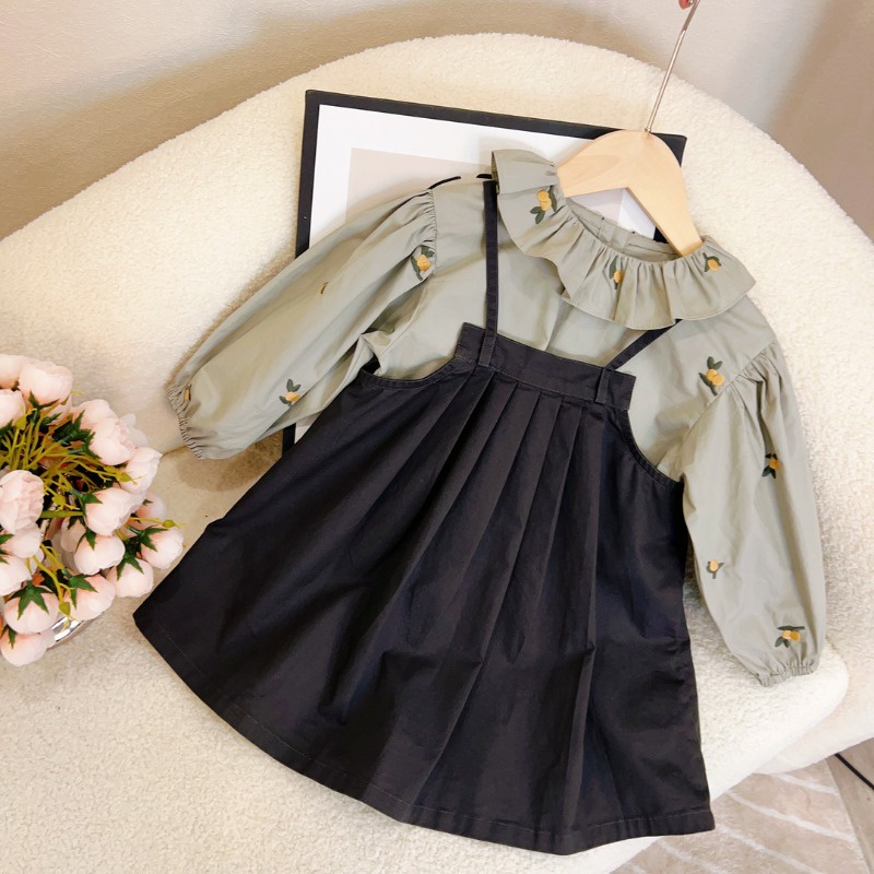 Set Áo Sơ Mi Cổ Búp Bê Kèm Váy Yếm Xinh Xắn Cho Bé Gái