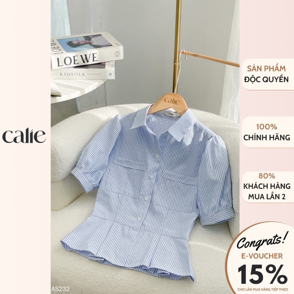 Áo sơ mi nữ ngắn tay thiết kế CALIE cổ đức xếp li gấu hoạ tiết kẻ xanh, chất liệu tơ xốp AS232
