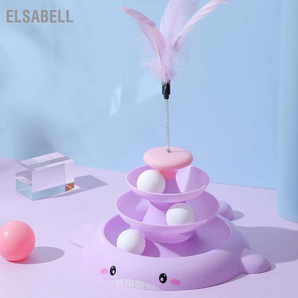 Elsabell Đồ chơi bóng bàn xoay cho mèo 3 cấp độ tương tác làm giảm sự nhàm chán của con tháp lăn đồ với thanh lông vũ và quả