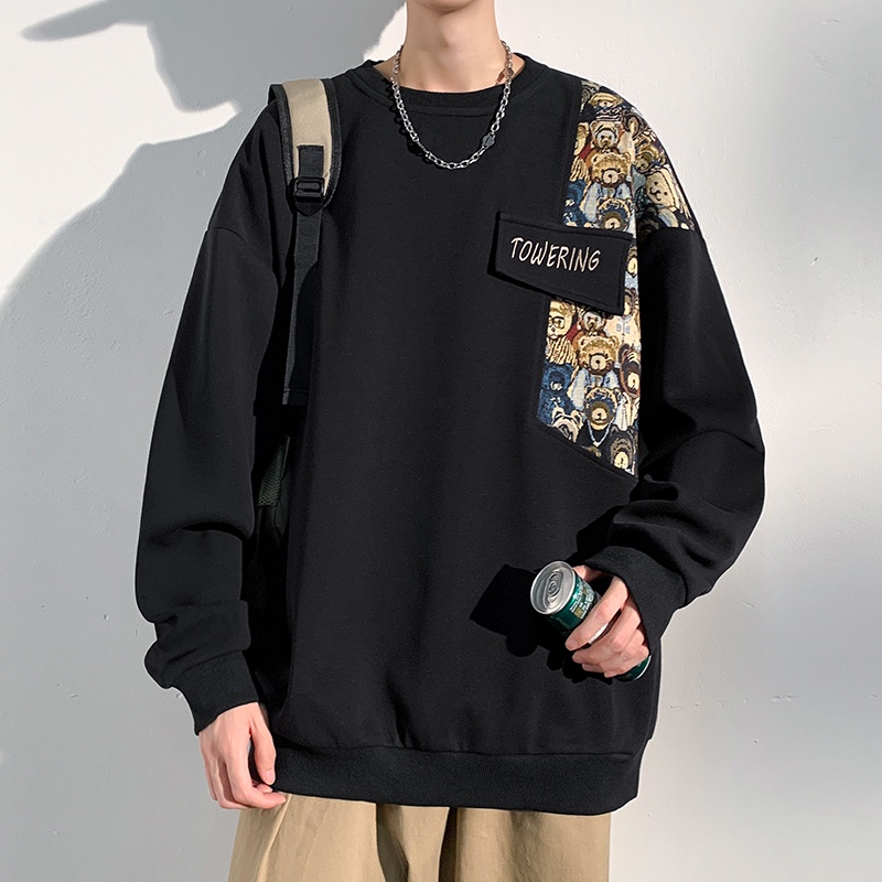 Áo sweater Cổ Tròn Tay Dài Dáng Rộng Thêu Hình Gấu Kiểu vintage Thời Trang Mùa Thu Cho Nam