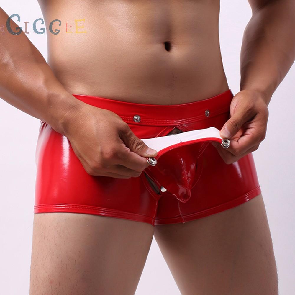 Men's Sexy Trunks Boxer Briefs Shorts Faux Leather Wet Look Underwear M L XL 2XL