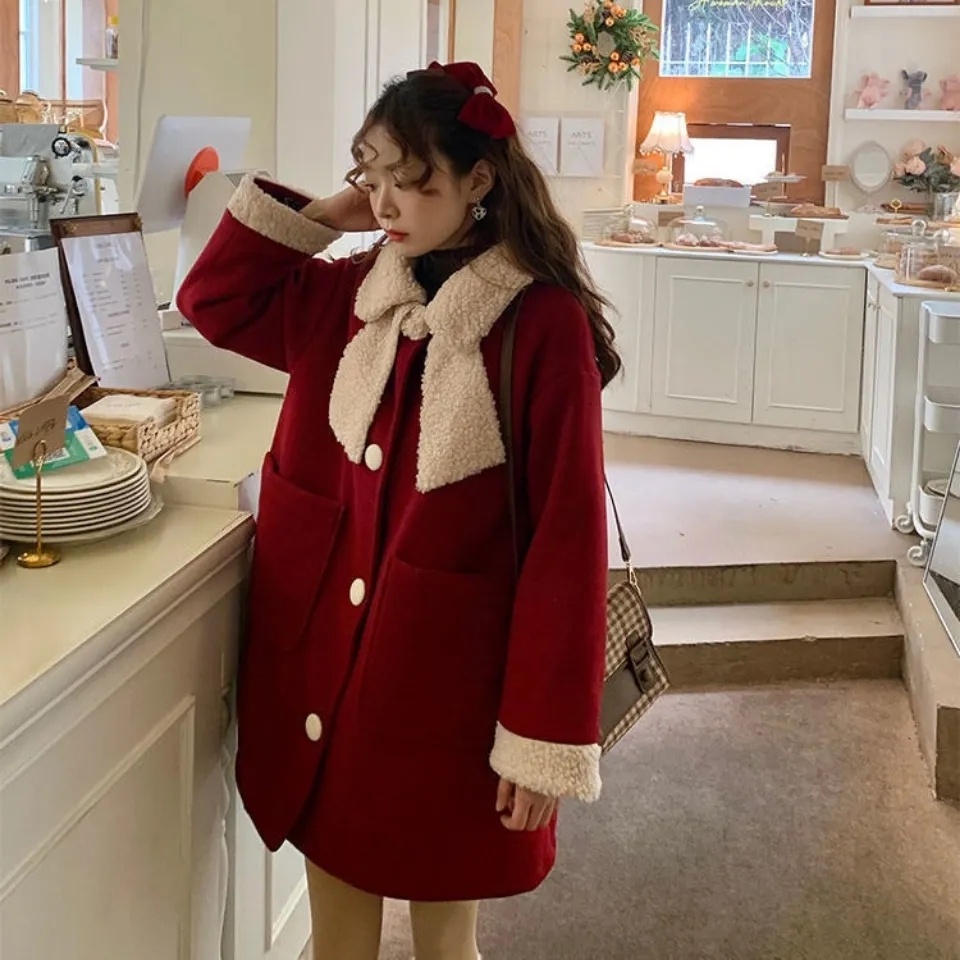 Sugemiusi Áo Khoác Len Lông Cừu Cổ Búp Bê Thắt Nơ Phong Cách Giáng Sinh Năm Mới